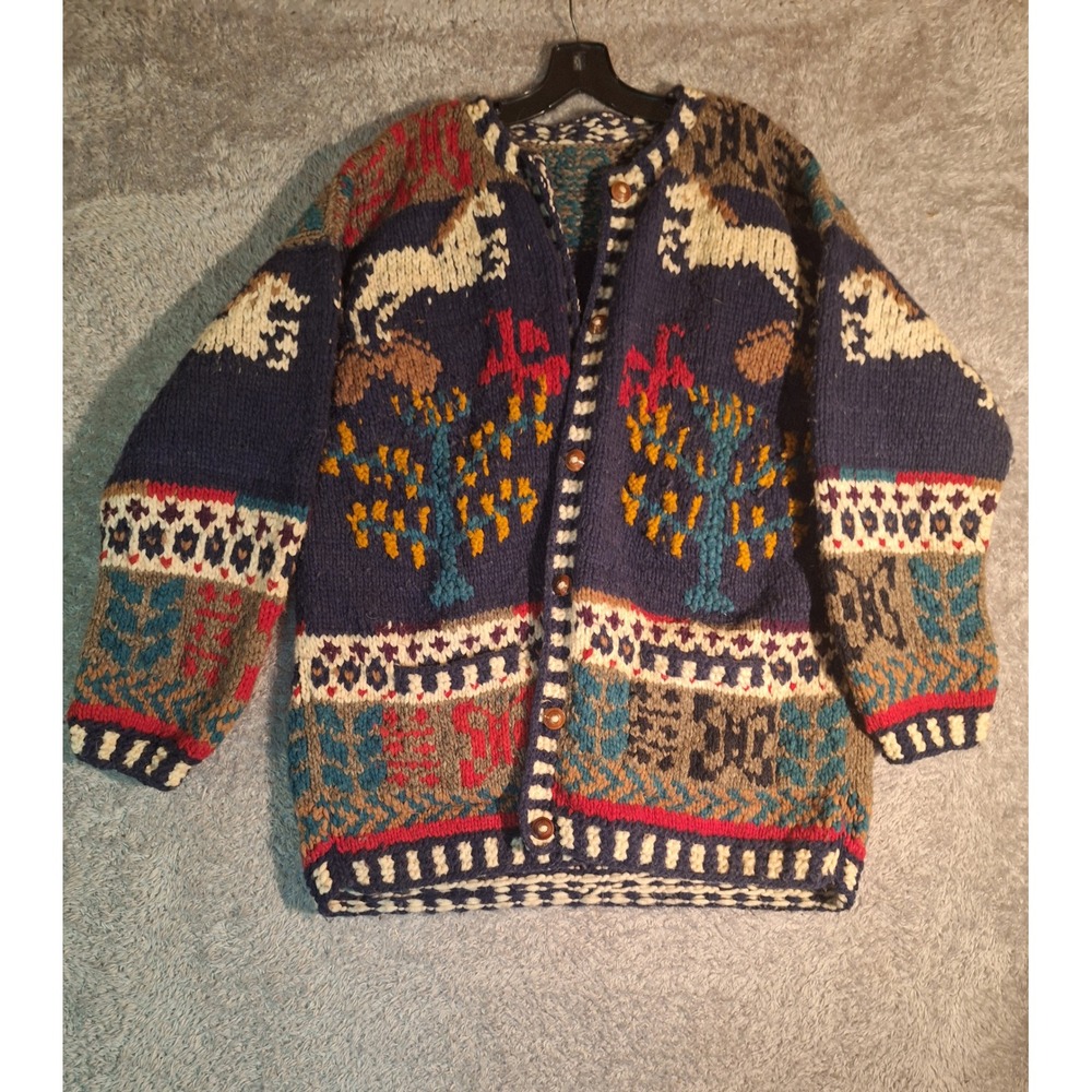 Vintage Hand Knit Wool Cardigan Handmade Navy Blue Western Horse Intarsia 90s